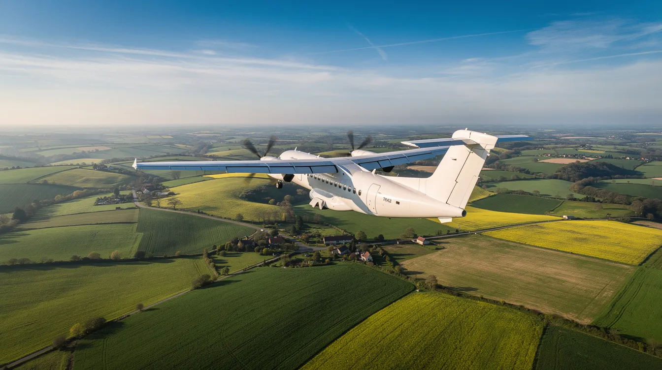 A single engine turboprop aircraft soars above a lush green countryside on a clear day, showcasing its efficient flight capabilities and modern avionics. The vibrant landscape below highlights the aircraft's versatility and strong performance in general aviation.