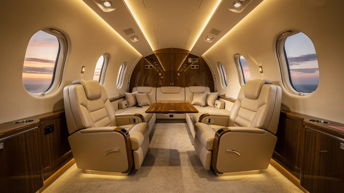 The image showcases the luxurious interior of a single engine turboprop aircraft, featuring plush leather seats and warm ambient lighting, creating a comfortable and stylish environment for passengers. This spacious cabin reflects the advanced avionics and strong performance typical of high-performance turboprop aircraft.