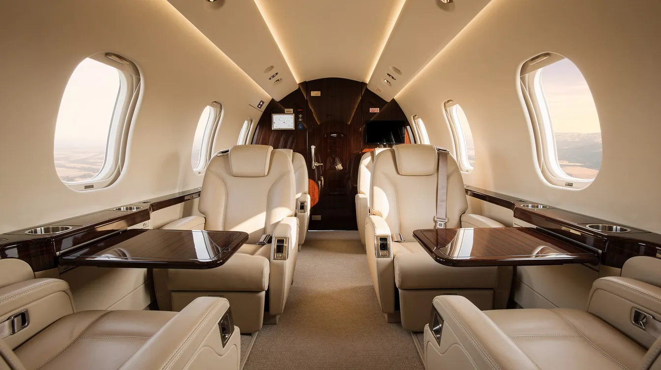 The image depicts the luxurious interior of a private jet cabin featuring cream leather seats and polished wood trim, illuminated by natural light streaming through oval windows. This elegant space is designed for comfort and efficiency, ideal for personal travel and weekend trips in a single engine plane.