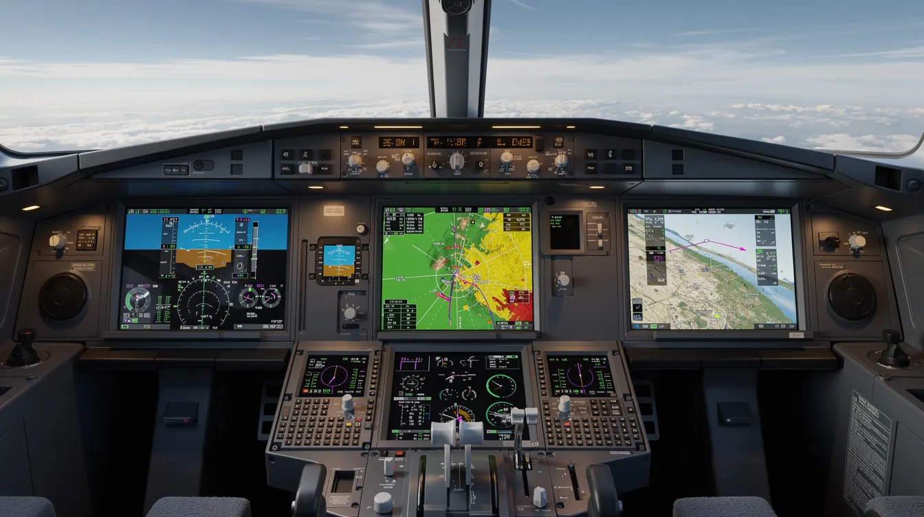 The image features a modern glass cockpit of a single engine piston aircraft, showcasing multiple digital screens that display flight instruments, maps, and terrain data. This advanced avionics setup is designed to enhance the flying experience by reducing pilot workload and improving situational awareness during cross country flying.