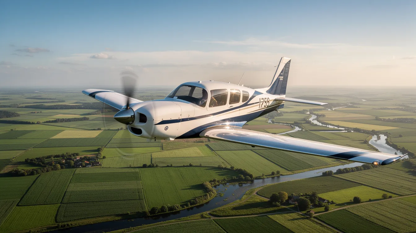 A sleek single engine piston aircraft flies gracefully over a patchwork of vibrant green farmland and meandering rivers, showcasing its advanced technology and exceptional fuel efficiency. The scene captures the essence of modern aviation, highlighting the aircraft's capabilities for personal travel and cross country flying.