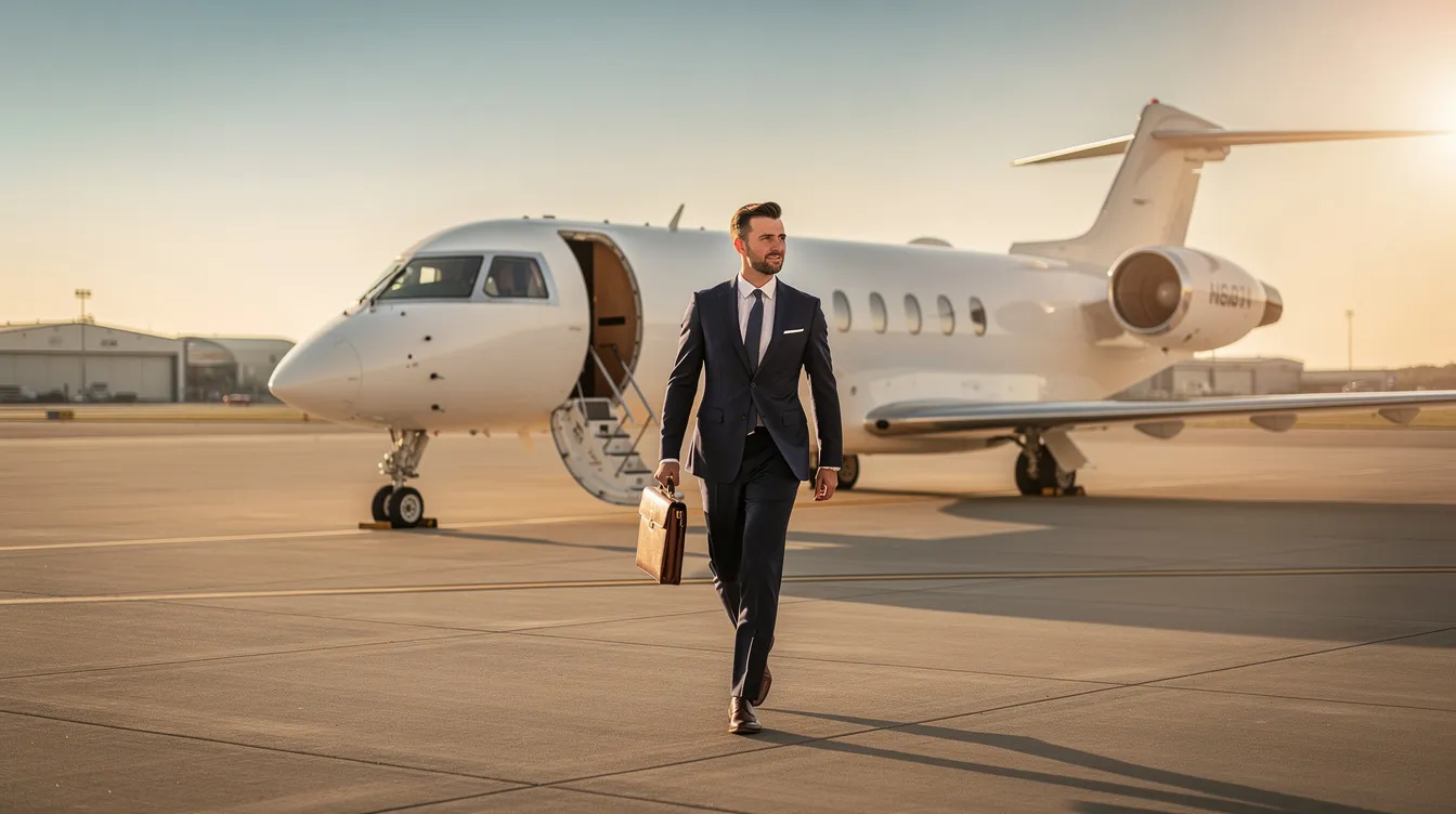 A well-dressed executive strides confidently toward a sleek private jet, a modern single engine aircraft, parked on a sunlit tarmac. The scene captures the essence of personal travel and the aviation journey, highlighting the convenience and luxury of flying on one's own schedule.