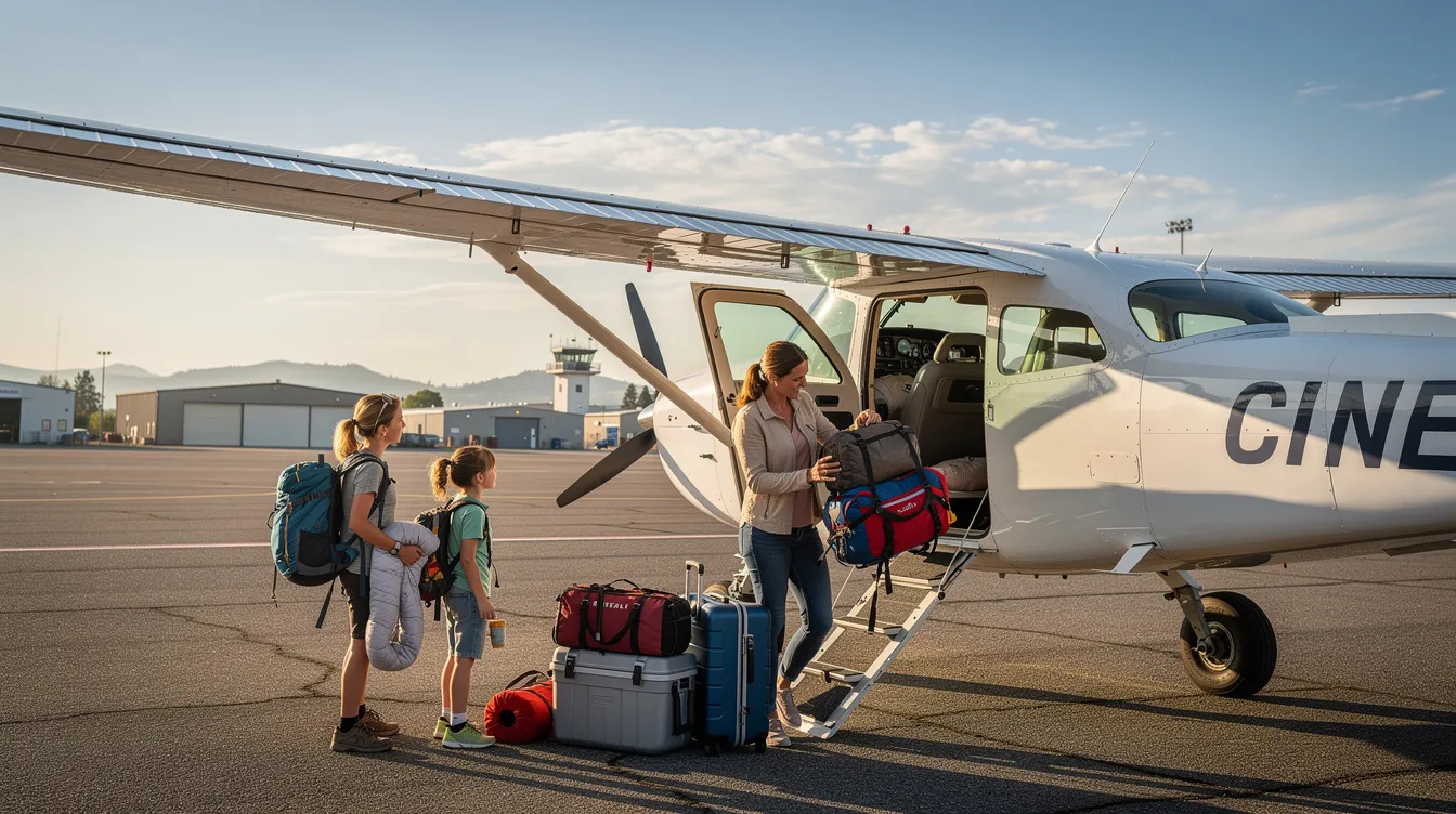 A family is seen loading bags and outdoor gear into a small high-wing single engine piston aircraft at a sunny regional airport, showcasing the aircraft's impressive fuel efficiency and significant payload capacity for family trips. The scene captures the excitement of personal travel and the operational simplicity of flying in a well-equipped airplane.