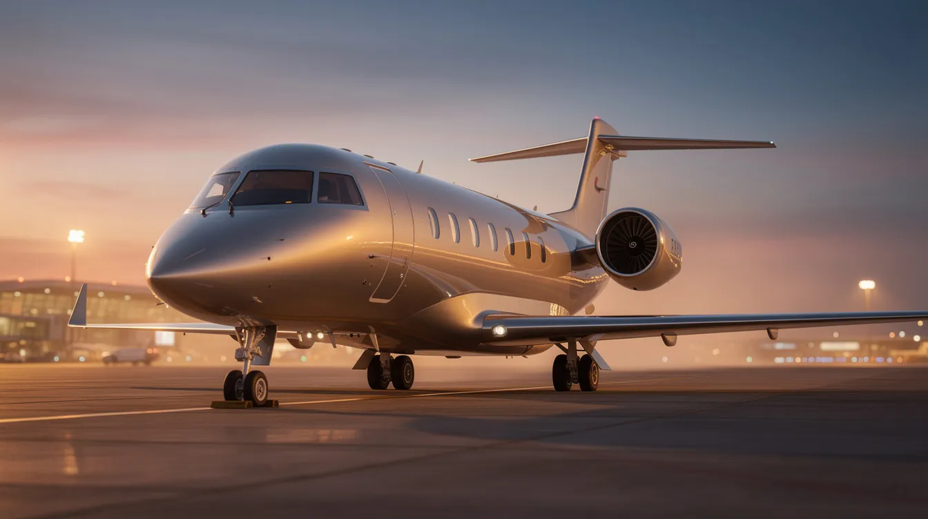 A modern private jet sits on the tarmac at dusk, its sleek fuselage reflecting warm lighting, showcasing its impressive fuel efficiency and advanced technology. This single engine piston aircraft is designed for optimal performance, making it an ideal choice for personal travel and family trips.