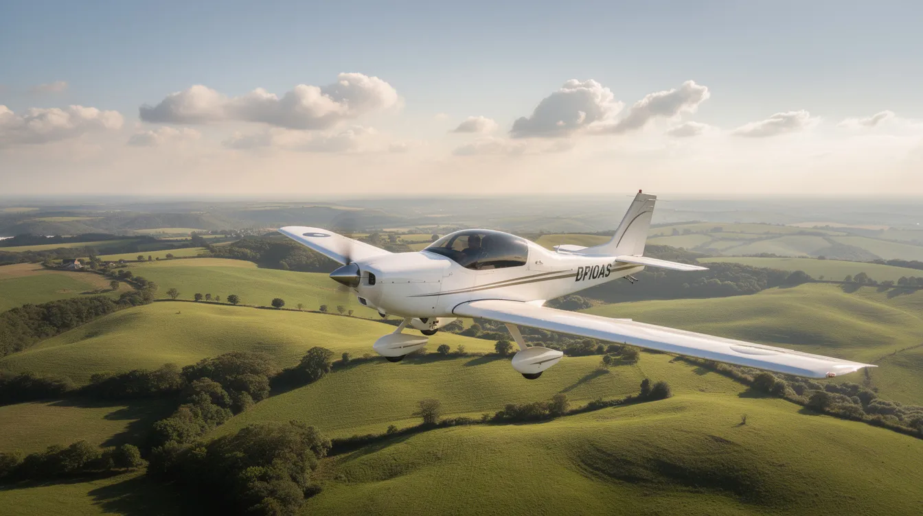 A sleek low-wing single engine airplane is soaring through the sky above a lush, green rolling landscape dotted with fluffy clouds. This single engine piston aircraft showcases impressive fuel efficiency and is ideal for flight training and personal travel.