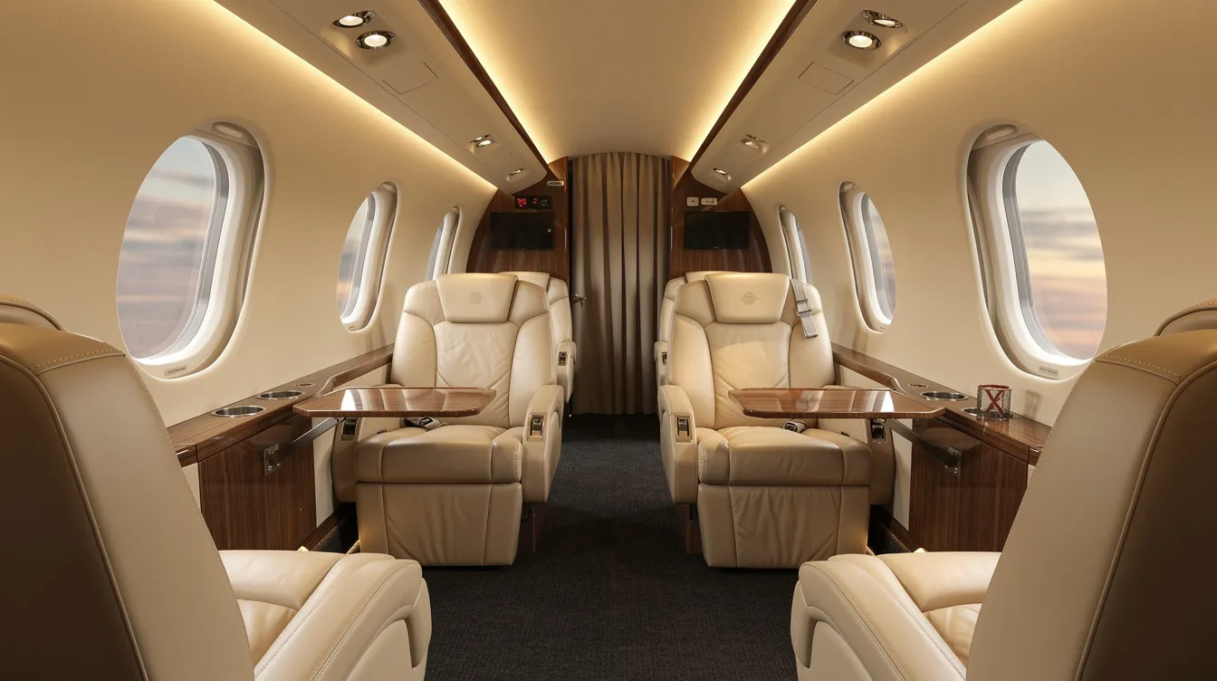 The image depicts the interior of a luxury turboprop aircraft cabin, featuring cream leather club seating arranged for single persons, complemented by fold-out tables and soft ambient lighting that creates an inviting atmosphere.