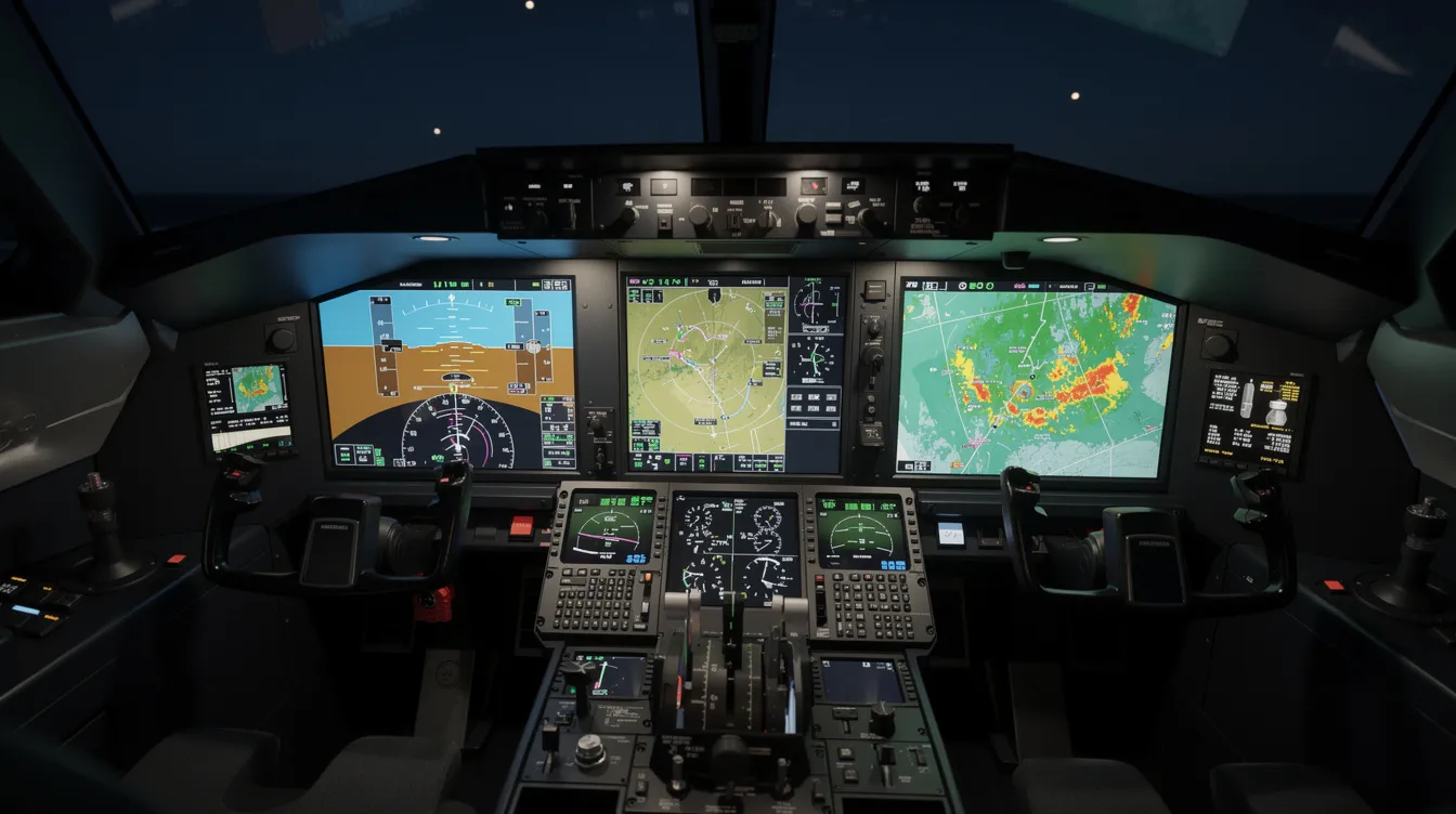 The image depicts a modern aircraft glass cockpit, featuring multiple digital screens that display navigation, weather, and engine data, all set in a dimly lit environment. This sophisticated cockpit design emphasizes the use of advanced technology for a single person pilot, enhancing their ability to monitor various flight parameters efficiently.