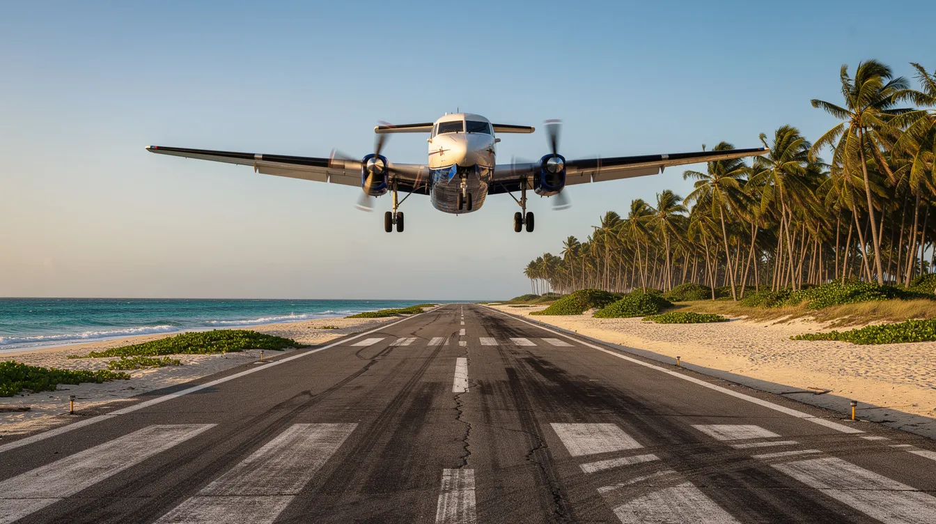 A small turboprop aircraft is landing on a short coastal airstrip, with vibrant turquoise water and palm trees creating a tropical backdrop. The scene captures the essence of travel and adventure in a picturesque setting.
