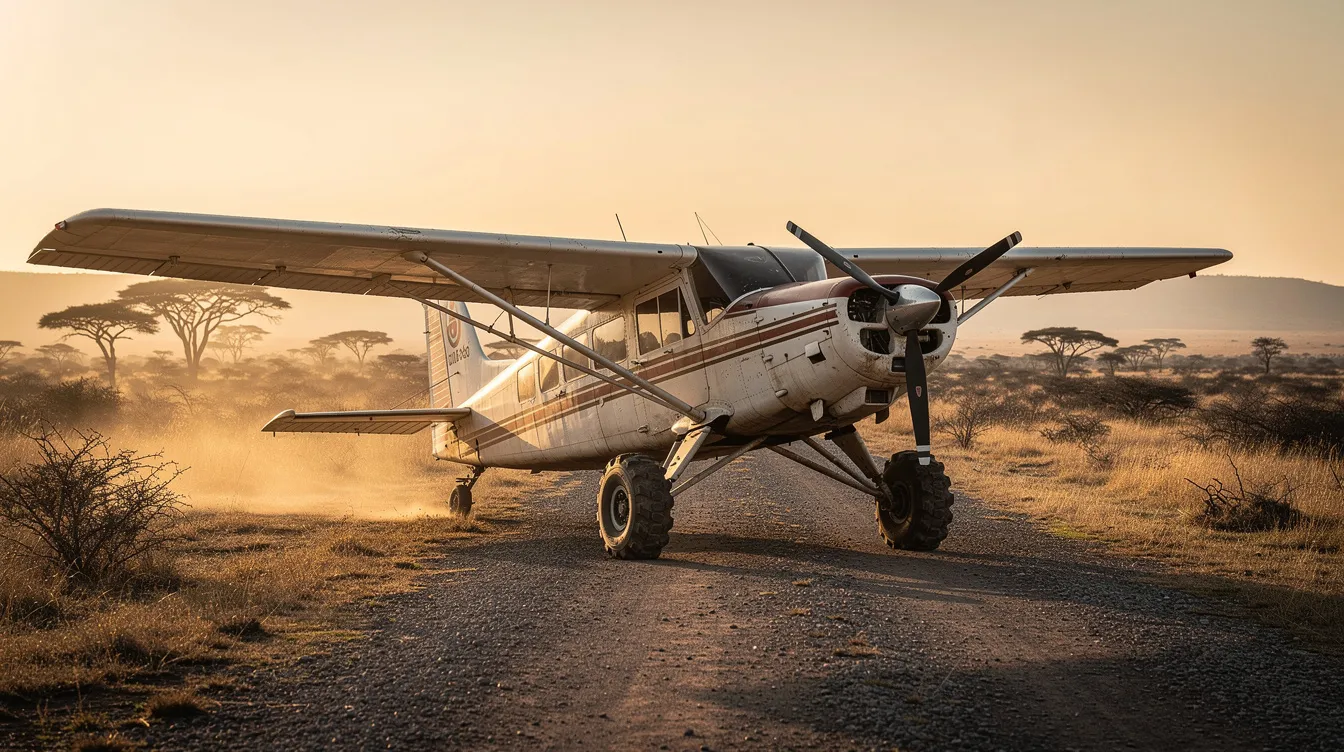A tandem-seat bush airplane with a tandem wing configuration is parked on a remote gravel airstrip, bathed in golden morning light. The savanna landscape stretches out in the background, highlighting the aircraft's sleek design and performance capabilities.