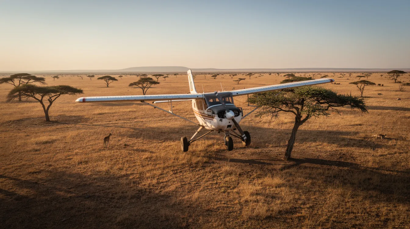 A small high-wing bush airplane with a tandem wing configuration is flying low over the dry African savanna, where scattered acacia trees dot the landscape. The aircraft, designed for efficiency and stability, showcases its unique rear and front wings as it glides gracefully through the air.