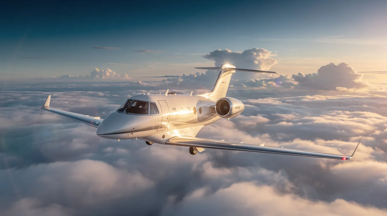 A modern very light jet, possibly a Cirrus Vision Jet, soars above a sea of fluffy clouds, with sunlight glinting off its sleek fuselage. This personal jet is designed for efficient performance and can accommodate up to seven passengers, making it ideal for seamless travel experiences.
