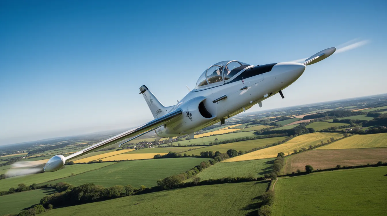 A sleek single-seat sport jet, resembling the Cirrus Vision Jet, gracefully banks through a clear blue sky, soaring above lush green countryside. The aircraft, designed for personal use, showcases its impressive speeds and fuel-efficient performance, embodying the future of general aviation.