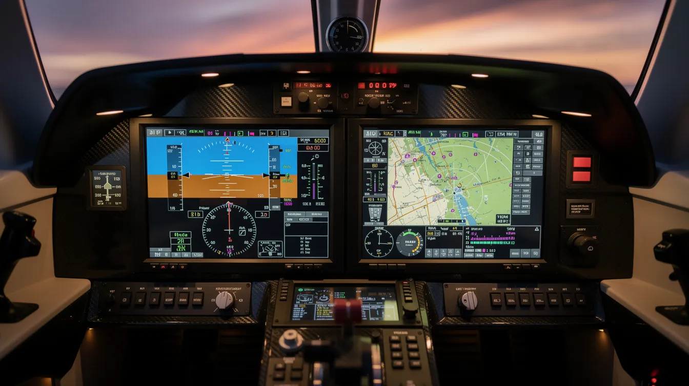 The image showcases a close-up view of a modern glass cockpit in a personal jet, featuring glowing digital flight displays that highlight advanced cockpit technology. This setup is designed for efficient performance and intuitive control, ensuring a seamless travel experience for pilots and up to seven passengers.