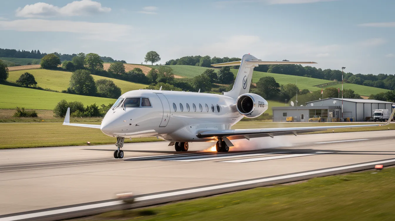 A modern private jet is accelerating down a runway at a small regional airport, surrounded by lush green landscapes. The aircraft's speed increases as it prepares for takeoff, showcasing the powerful engine performance typical of commercial jets.