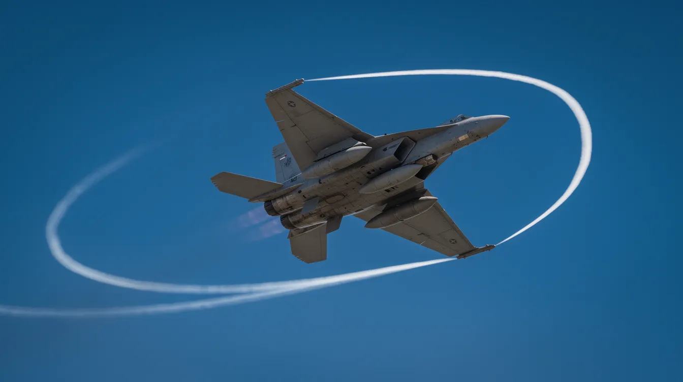 A military fighter jet is banking sharply against a deep blue sky, leaving behind vapor trails streaming from its wingtips, showcasing its high speed and powerful engine performance. This aircraft, designed for supersonic flight, exemplifies the capabilities of modern military aviation.