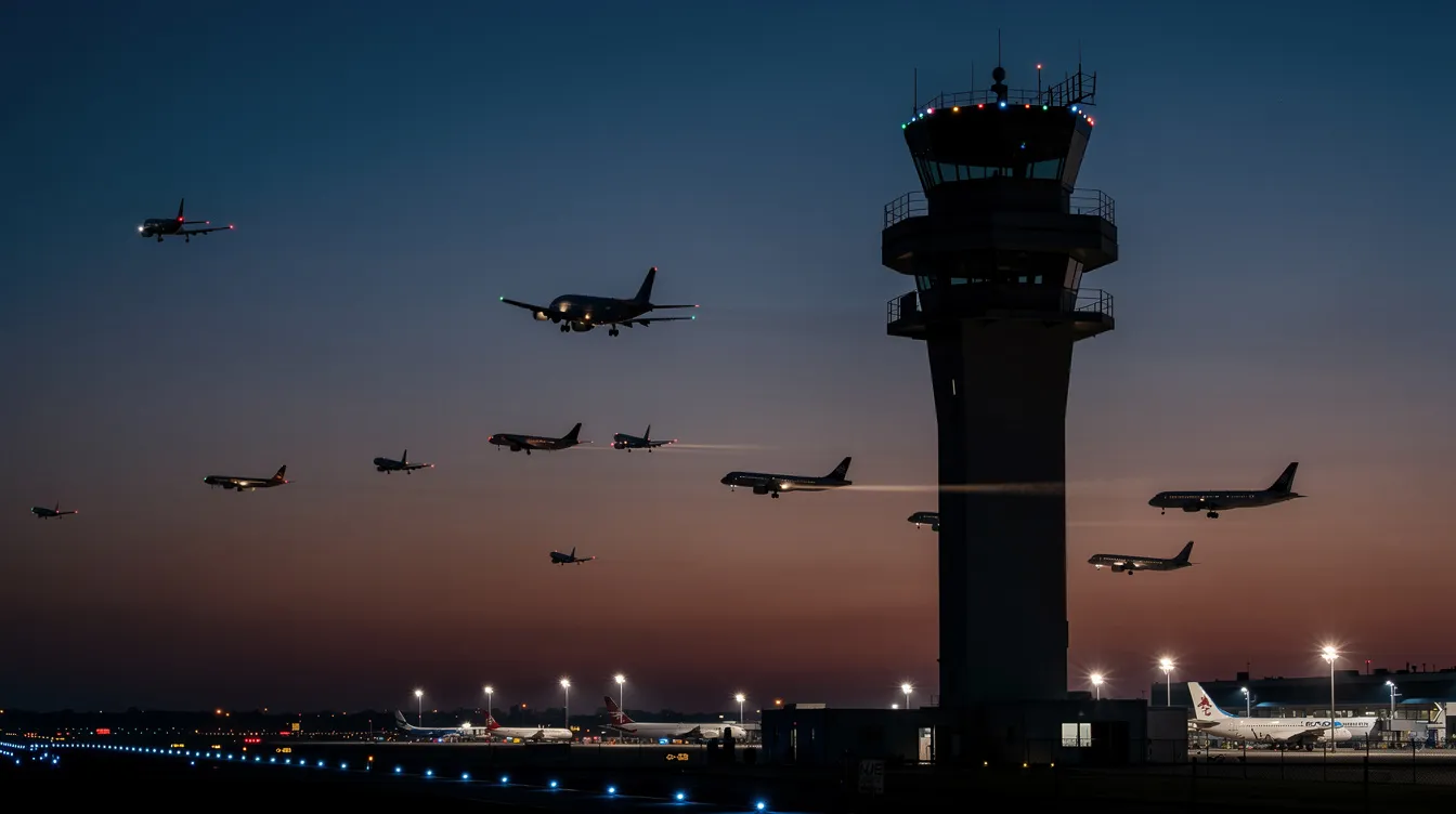 A control tower is silhouetted against a twilight sky, with aircraft lights approaching in the distance, signaling peak hours for air traffic. The scene captures the energy consumption patterns of evening flights, highlighting the importance of managing electricity usage during high demand periods.