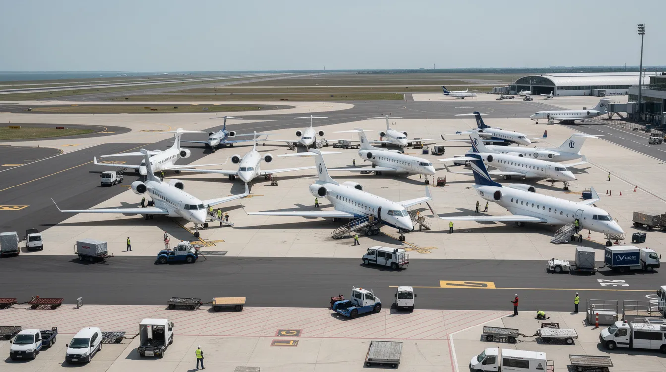 An aerial view captures multiple private jets parked at a busy airport during peak hours of a major event, illustrating the high demand for air travel and the bustling activity typical of off peak times. The scene emphasizes the energy consumption associated with travel during such high demand periods.