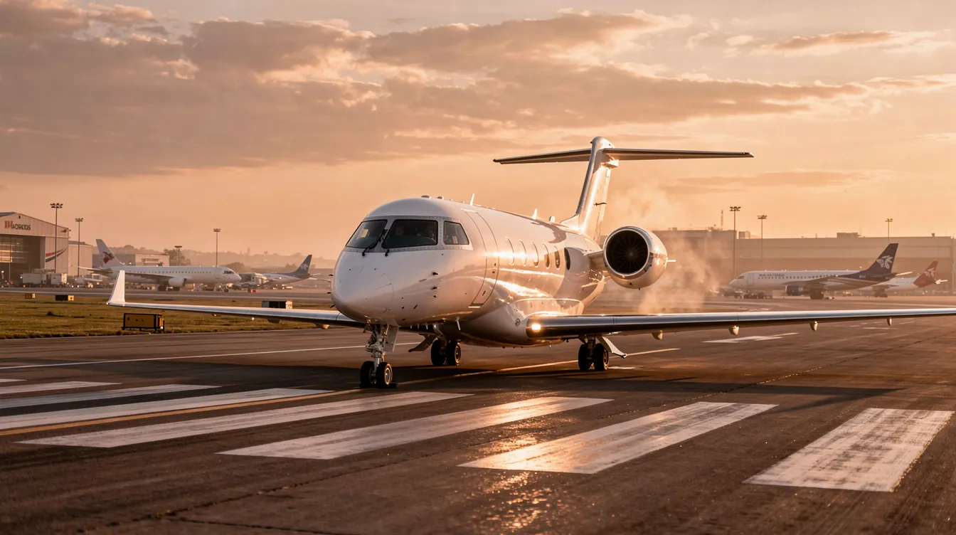 A private jet is taxiing on a runway during golden hour, casting a warm glow on its sleek surface, while other aircraft are visible in the background, highlighting the bustling atmosphere of the airport during peak hours. The scene captures the essence of energy consumption in aviation, as planes prepare for takeoff amidst the backdrop of a vibrant sunset.