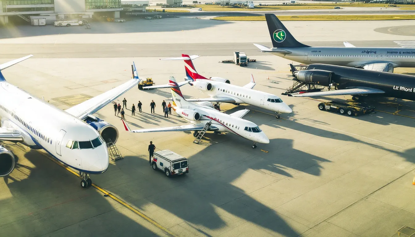 The image depicts a variety of aircraft types lined up on an airport ramp, showcasing options from light jets to heavy jets, representing the diverse private aviation market. This comparison illustrates the flexibility and benefits of private flying, catering to different travel needs for clients seeking charter flights and exclusive travel experiences.