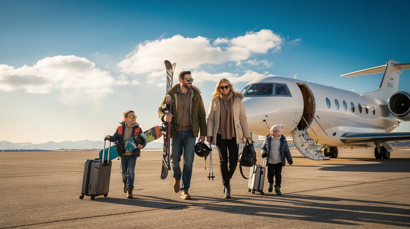 A family is walking toward a private jet on a sunny tarmac, carrying luggage and ski equipment, ready for their vacation. The scene captures a moment of excitement and adventure as they prepare to embark on their journey.