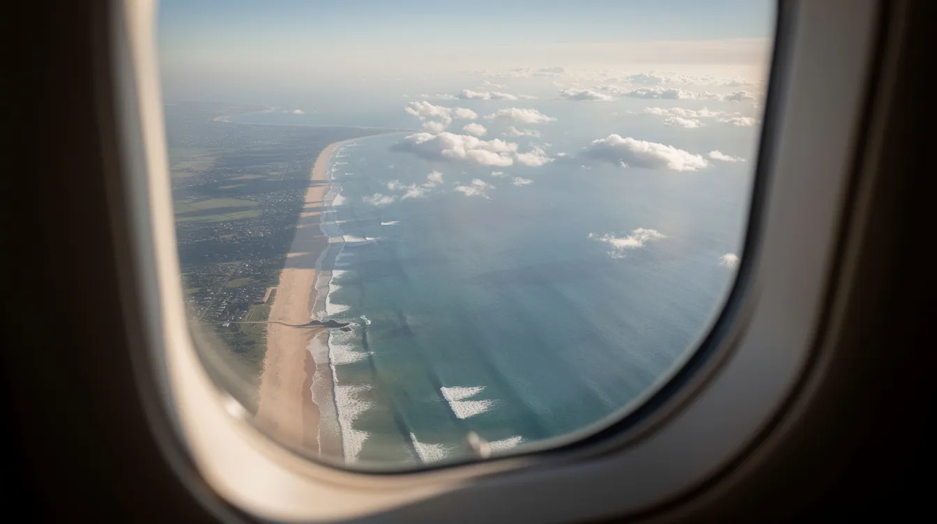 An aerial view from a private jet window captures the stunning coastline and vast ocean below at cruising altitude, highlighting the beauty of the landscape during the flight. The scene reflects the journey's distance and the careful planning involved in calculating flight time and routes for an efficient travel experience.