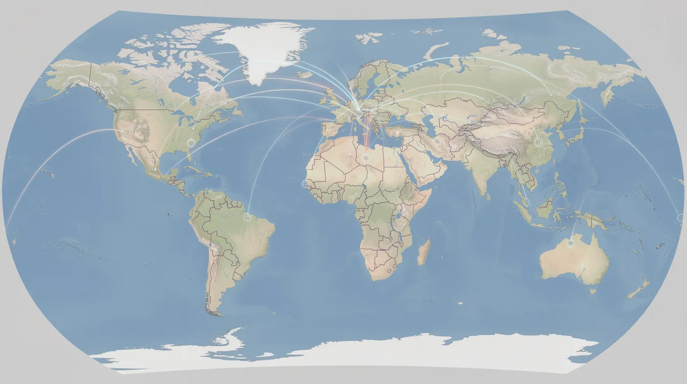A panoramic world map displays curved lines that represent intercontinental flight routes, illustrating the flight distance and various paths taken by commercial flights across oceans. This image highlights key factors affecting flight time, such as cruising speed, wind conditions, and time zones, essential for calculating flight duration and planning long haul journeys.