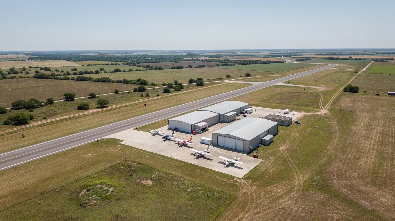 An aerial view showcases Hicks Airfield, a small general aviation airport in the North Texas countryside, with neatly arranged hangars lining a single asphalt runway. This scenic location near Fort Worth, TX, is a hub for pilots and aircraft operations, providing a great place for flying enthusiasts to explore aviation in the DFW Metroplex.