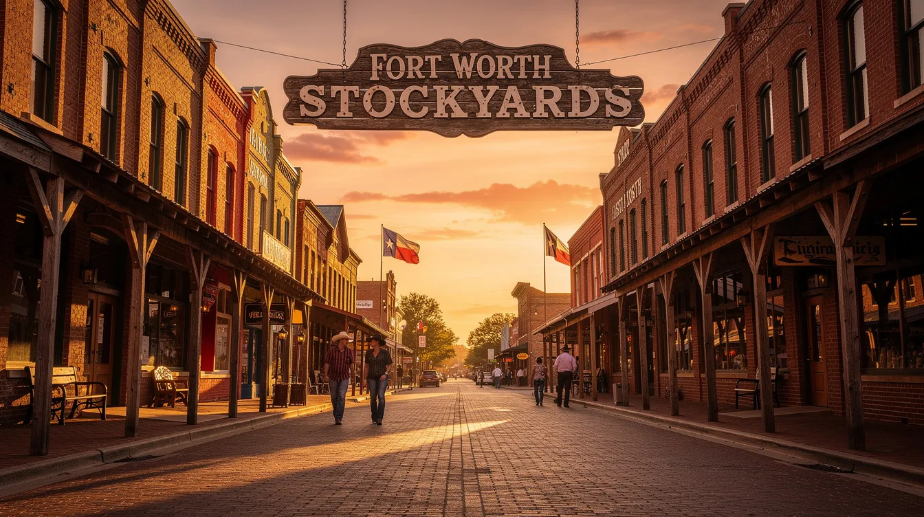 The image captures the Fort Worth Stockyards district at sunset, with warm golden light illuminating the historic brick buildings, creating a cozy and inviting atmosphere. This scenic view reflects the charm of Fort Worth, Texas, blending history with the beauty of twilight.