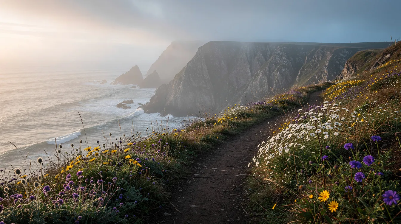 A misty morning envelops a rugged coastal trail adorned with vibrant wildflowers, while the dramatic ocean cliffs of the Lost Coast region rise in the distance, hinting at the beauty of Shelter Cove, California. This serene landscape offers a tranquil escape for hikers exploring the national conservation area along the Pacific Ocean.