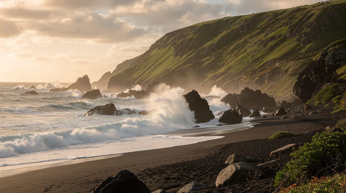 The image depicts a rugged coastline with dark volcanic sand beaches and crashing waves from the Pacific Ocean, surrounded by steep green hillsides illuminated by the golden light of the afternoon. This picturesque scene is characteristic of the Lost Coast region in Northern California, offering a tranquil escape for visitors.