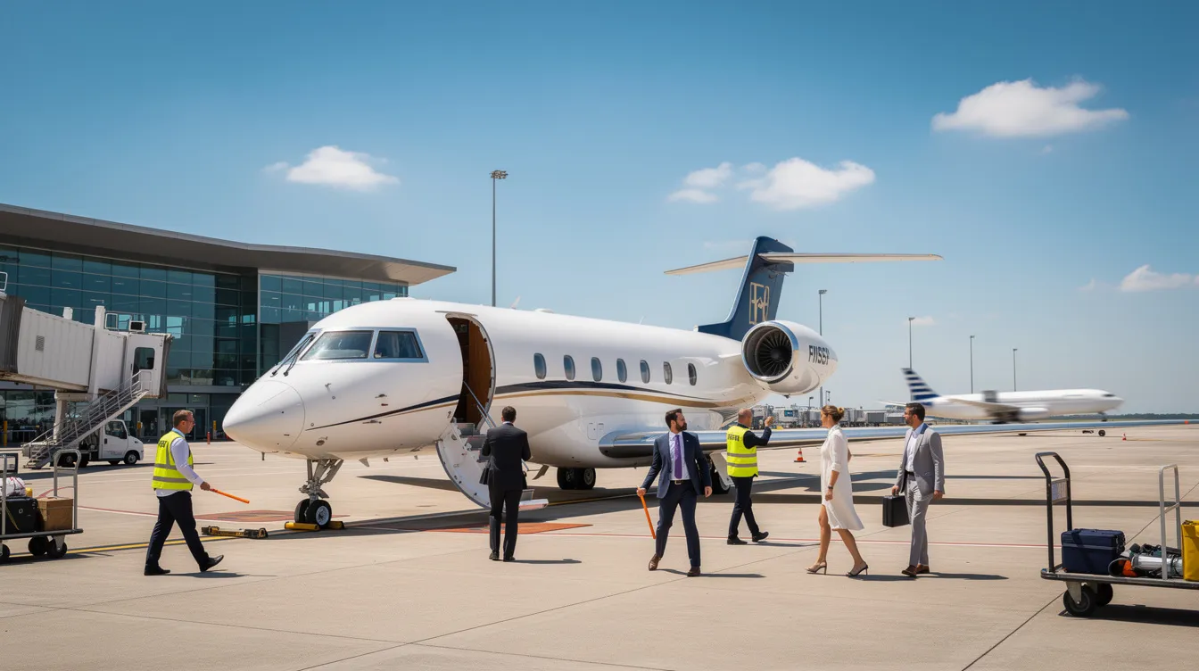A sleek jet sits on a sunny tarmac at an airport, surrounded by staff and passengers preparing for their flights. The scene captures a vibrant atmosphere with private terminals in the background, showcasing JSX air's operations to various destinations including Las Vegas and Orange County.