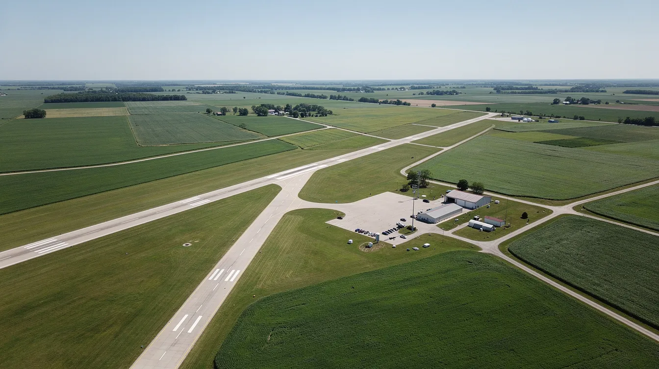 An aerial view showcases Grinnell Regional Airport, featuring a single concrete runway surrounded by the lush green farmland of central Iowa. The clear sky above highlights the airport's importance to the local community and recreational aviation activities.