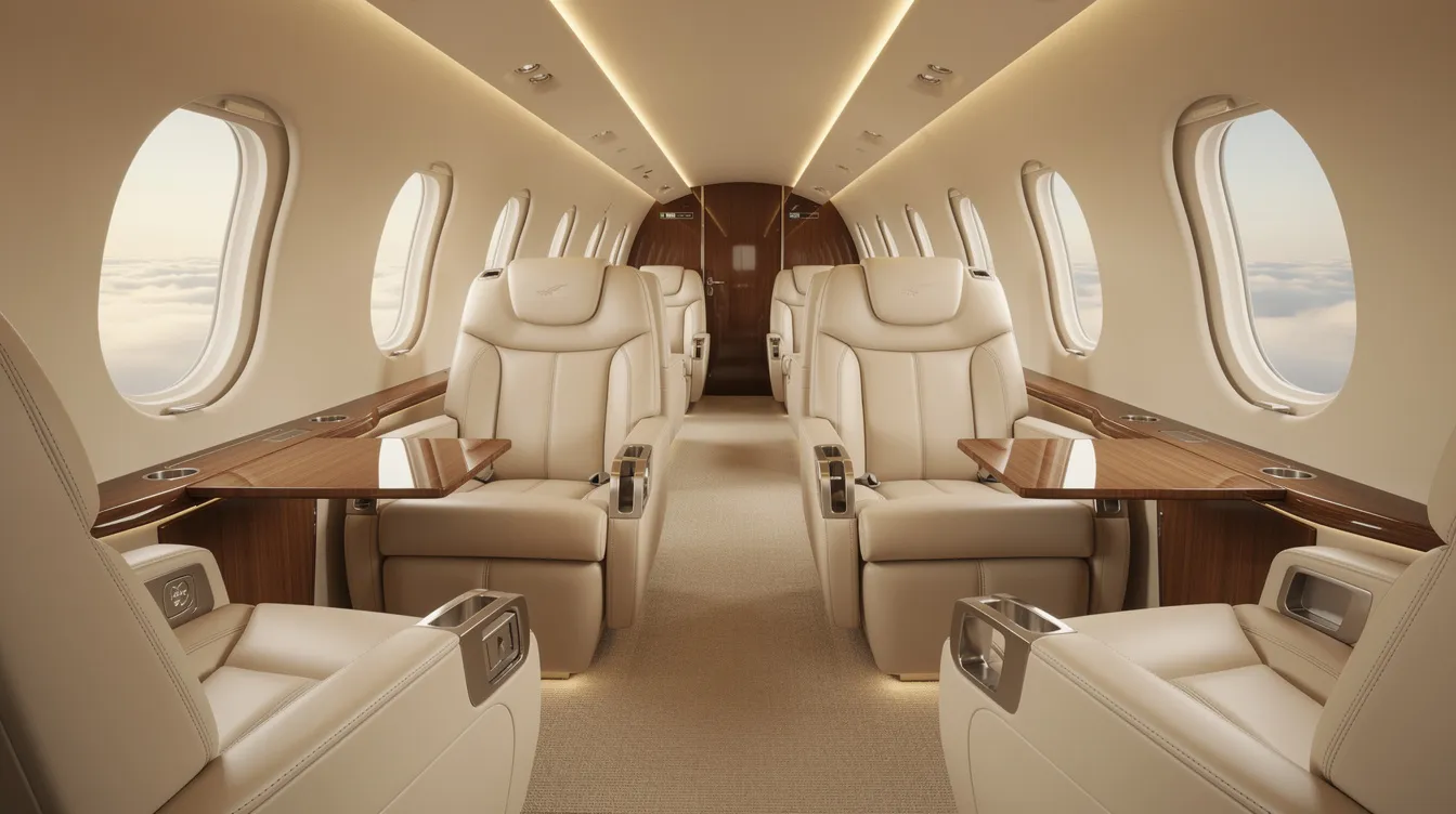 The image depicts the interior of a luxury light jet cabin featuring elegant cream leather seats complemented by warm wood accents, creating a sophisticated atmosphere for travelers. This upscale design is ideal for business-minded individuals flying to or from Grinnell Regional Airport in central Iowa.
