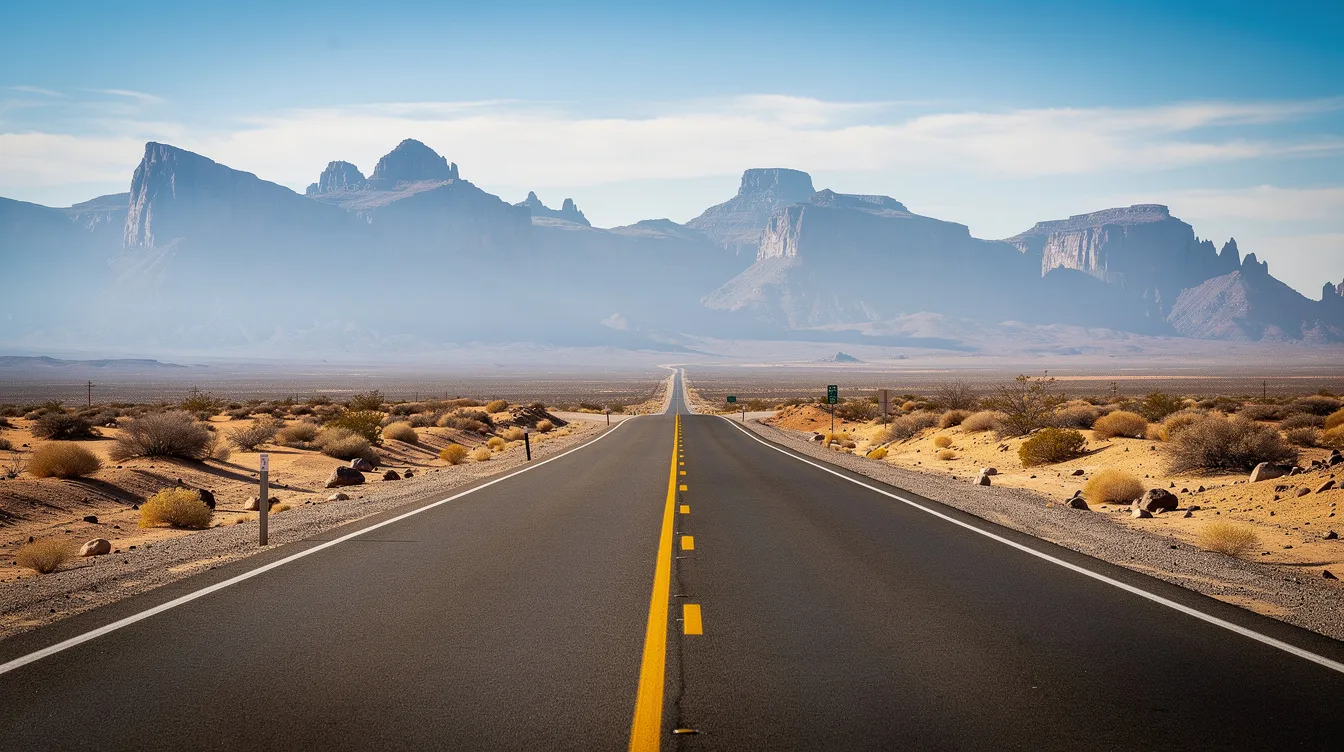 A scenic desert highway stretches toward distant mountains under a clear blue sky, surrounded by rising terrain typical of California's Hesperia area. The road runs straight with a slight uphill grade, inviting travelers to explore the beauty of the landscape.