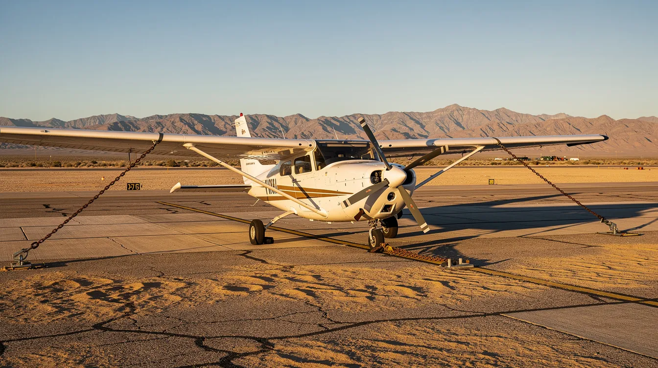 A light single-engine aircraft is parked on a desert airport ramp in Hesperia, California, with tie-down chains securing it to the ground. The surrounding terrain rises gently, and the scene is set during dusk, showcasing the calm wind conditions typical for pilots and flight crews at this federal aviation administration facility.