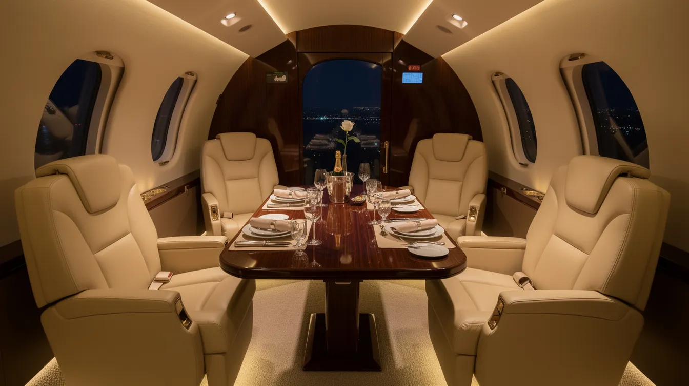 The image depicts the luxurious interior of a private jet featuring cream leather seats and a dining table elegantly set for dinner, all illuminated by warm ambient lighting during a nighttime flight. This opulent setting embodies the ultimate travel experience for private jet travelers heading to destinations like Dubai International Airport.