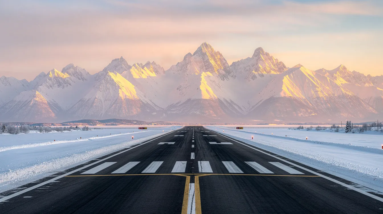 The image depicts a breathtaking snow-covered mountain range illuminated by the soft hues of sunrise, with a clear asphalt runway in the foreground, suggesting a private airport near Salt Lake City. The serene scene highlights the beauty of the Utah landscape, while the runway indicates a hub for general aviation and recreational flying activities.
