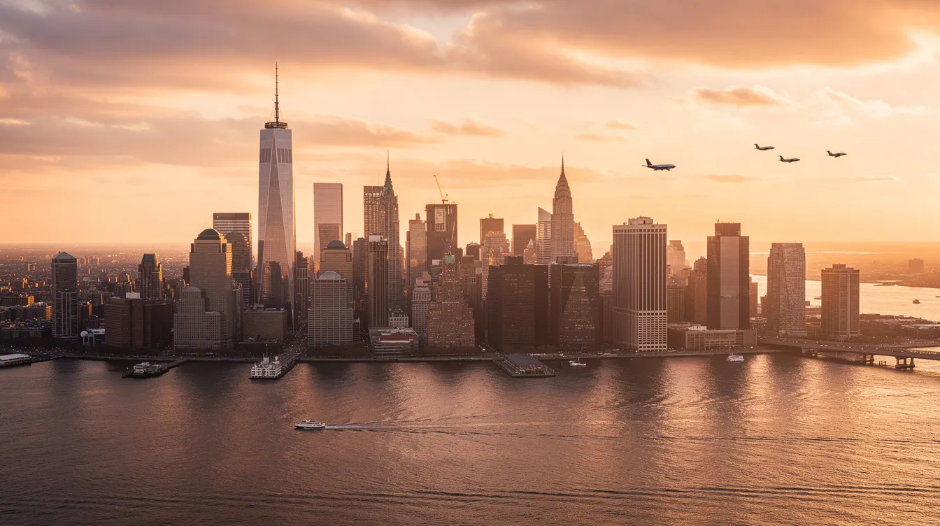 An aerial view captures the stunning Manhattan skyline bathed in golden hues from the setting sun, with the Hudson River below and a private jet in the distance, symbolizing luxury travel options like private jet charters and private aviation services to New York City. The scene reflects the vibrant energy of the Big Apple, ideal for discerning travelers seeking personalized services.