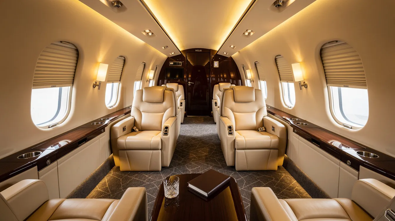 The image depicts the interior of a luxurious private jet cabin, featuring cream leather seats arranged in a club configuration, complemented by warm ambient lighting that enhances the opulent atmosphere. This elegant space is ideal for private jet travelers seeking comfort and style during their private jet charter flights to destinations like New York City.