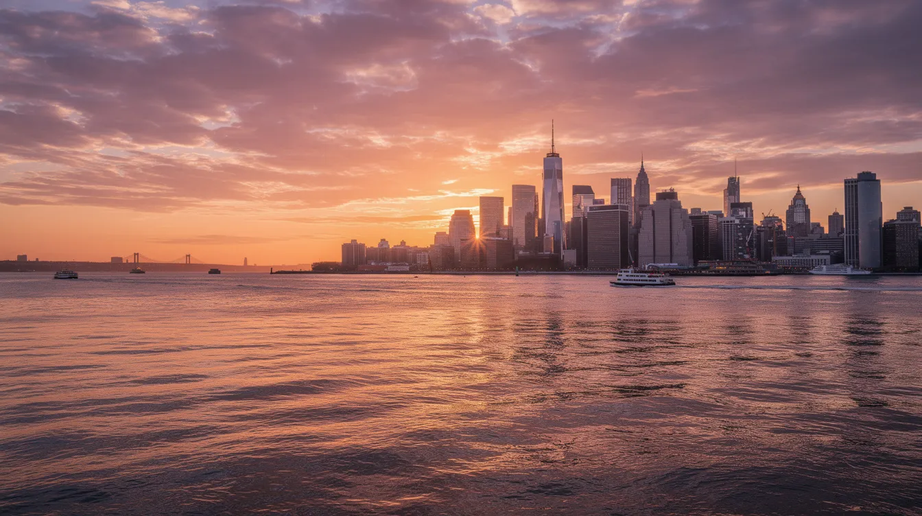 The image captures a stunning sunset over the New York City skyline, with the Hudson River shimmering in the foreground. The vibrant colors of the sunset reflect off the city lights, creating a picturesque scene that embodies the allure of private jet travel to the Big Apple.