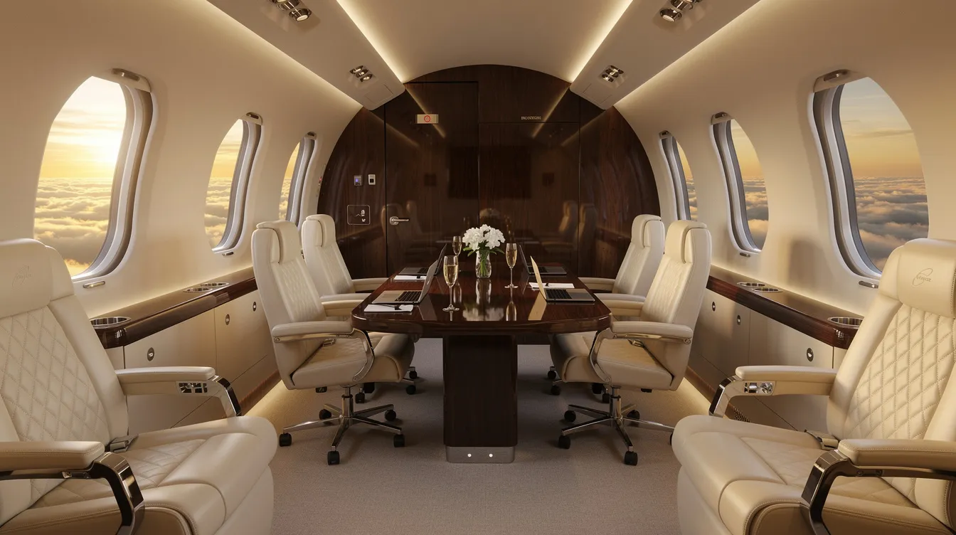 The image depicts the interior of a luxurious private jet cabin featuring plush leather seats, elegant ambient lighting, and a conference table setup, ideal for business meetings during private jet charter flights from Los Angeles to New York. The spacious design emphasizes comfort and sophistication, making it perfect for high-end private aviation experiences.