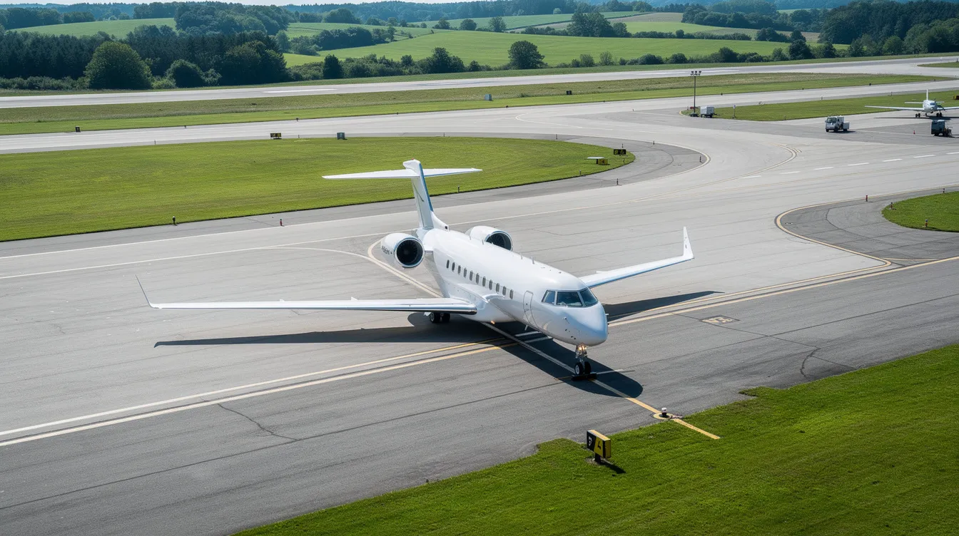 An aerial view captures a private jet parked on the tarmac of a general aviation airport, surrounded by lush green landscapes. This scene highlights the convenience of private jet travel, offering easy access for flights from Los Angeles to New York.