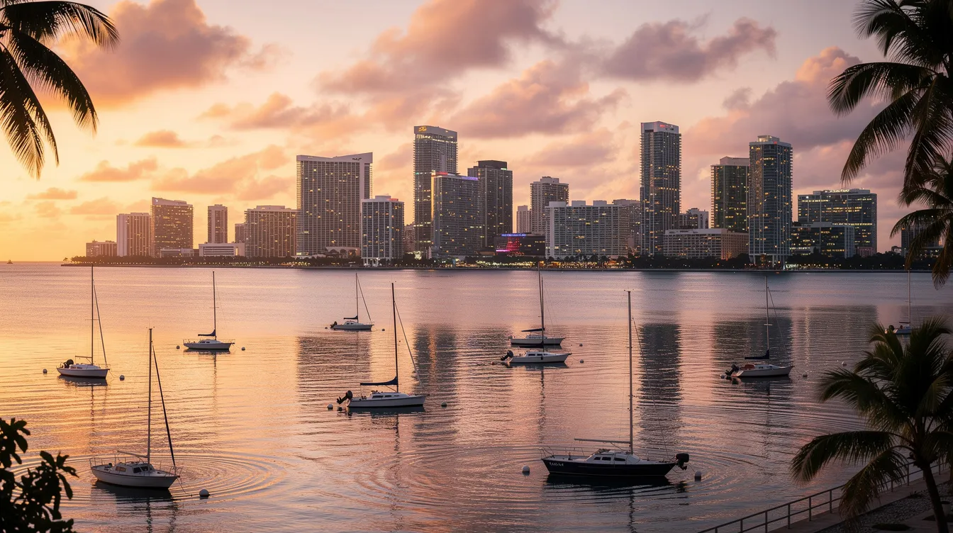 The image depicts the stunning Miami skyline at sunset, viewed from across Biscayne Bay, with various boats gently bobbing in the foreground. This picturesque scene captures the vibrant colors of the sunset reflecting off the skyscrapers of downtown Miami, highlighting the allure of private jet travel from New York to Miami.