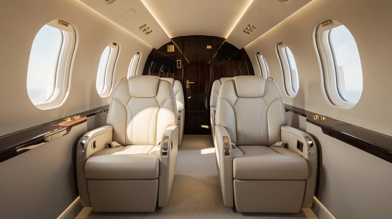 The image depicts the interior of a luxurious midsize private jet cabin, featuring plush leather seats and ample natural light streaming in through elegant oval windows. This inviting space is designed for comfort and style, ideal for private jet travelers flying on a charter flight from New York to Miami.