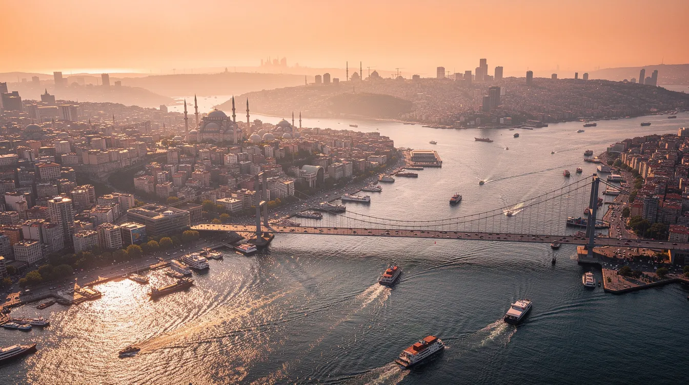 An aerial view captures the Bosphorus strait, with the stunning Istanbul cityscape bathed in golden light during sunset. Iconic landmarks such as the Hagia Sophia and the Blue Mosque stand out against the backdrop of the city, showcasing Istanbul's rich culture and history.