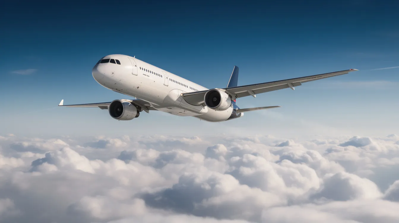A large twin-engine jet, resembling a Boeing 757, soars above a sea of fluffy white clouds against a backdrop of a clear blue sky. This aircraft, known for its impressive range and fuel efficiency, is often used for long-haul flights and intercontinental routes.