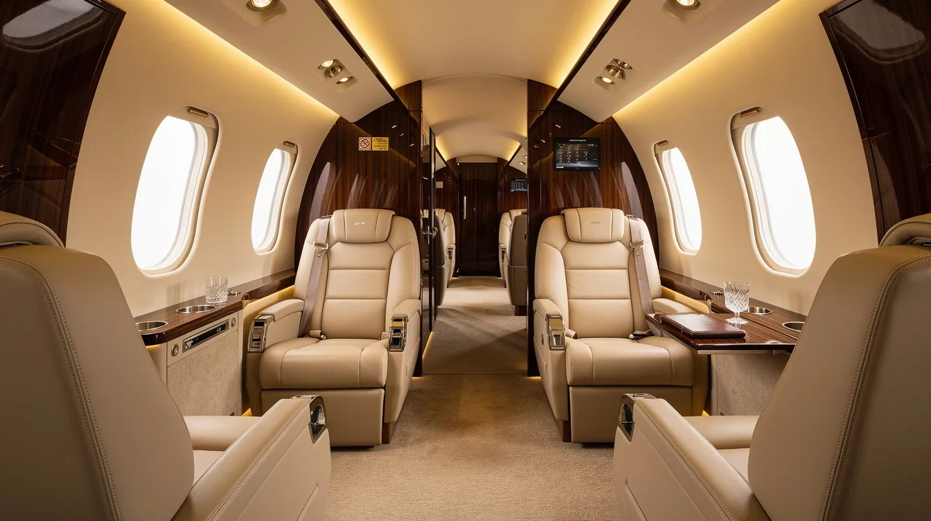 The image showcases a luxurious private aircraft interior featuring cream leather seats, polished wood panels, and soft ambient lighting, creating an elegant and comfortable atmosphere for passengers. This opulent setting is reminiscent of a Boeing business jet, designed to accommodate long-range flights with impressive cabin space and fuel efficiency.