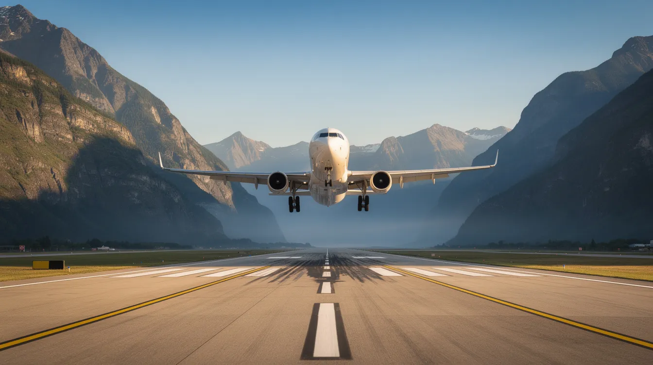 The image depicts a commercial airport runway nestled among mountains, with clear blue skies overhead as a jet, possibly a Boeing 757, approaches for landing. This scene captures the essence of air travel, highlighting the impressive range and capabilities of modern aircraft against a stunning natural backdrop.