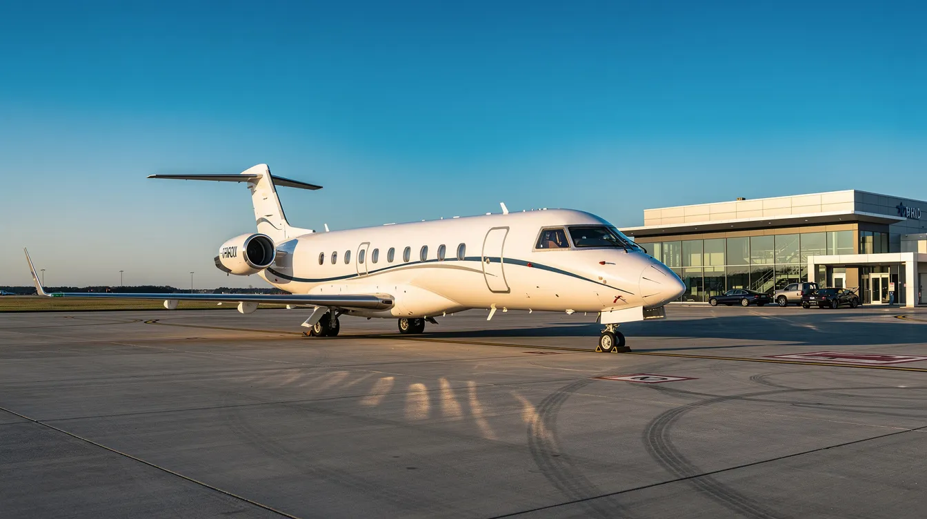 A small regional jet parked at a private terminal under a clear blue sky, ready for JSX flights. The aircraft features a sleek design typical of private jets, providing a comfortable travel experience for passengers.