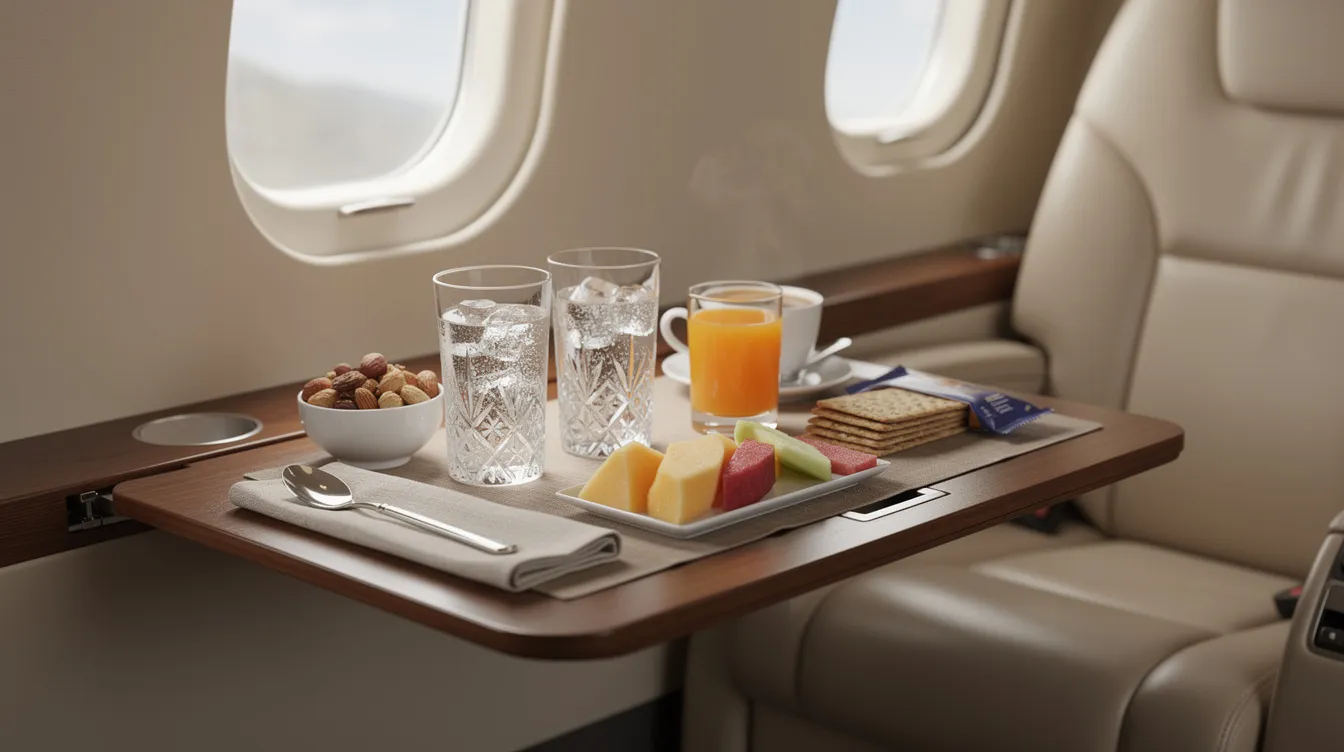 A serving tray filled with beverages and snack items is neatly arranged inside a small aircraft, specifically designed for JSX flights, providing comfort and convenience for passengers during their journey. The inviting display reflects the quality service that JSX offers to enhance the flying experience.